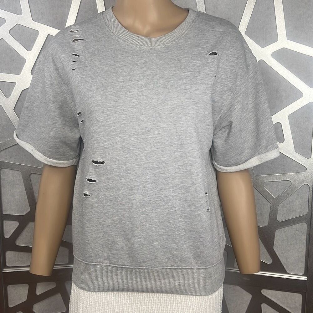 Honey Punch Distressed Short Sleeves Gray Sweat Shirt S